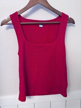 Classic Square Neck Red Sleeveless Textured Tank Top